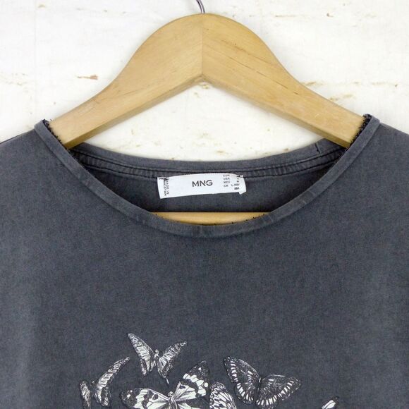 Mango MNG T-Shirt Womens S Gray Skull Butterfly Graphic Tee Rock Goth Macabre - Picture 5 of 9